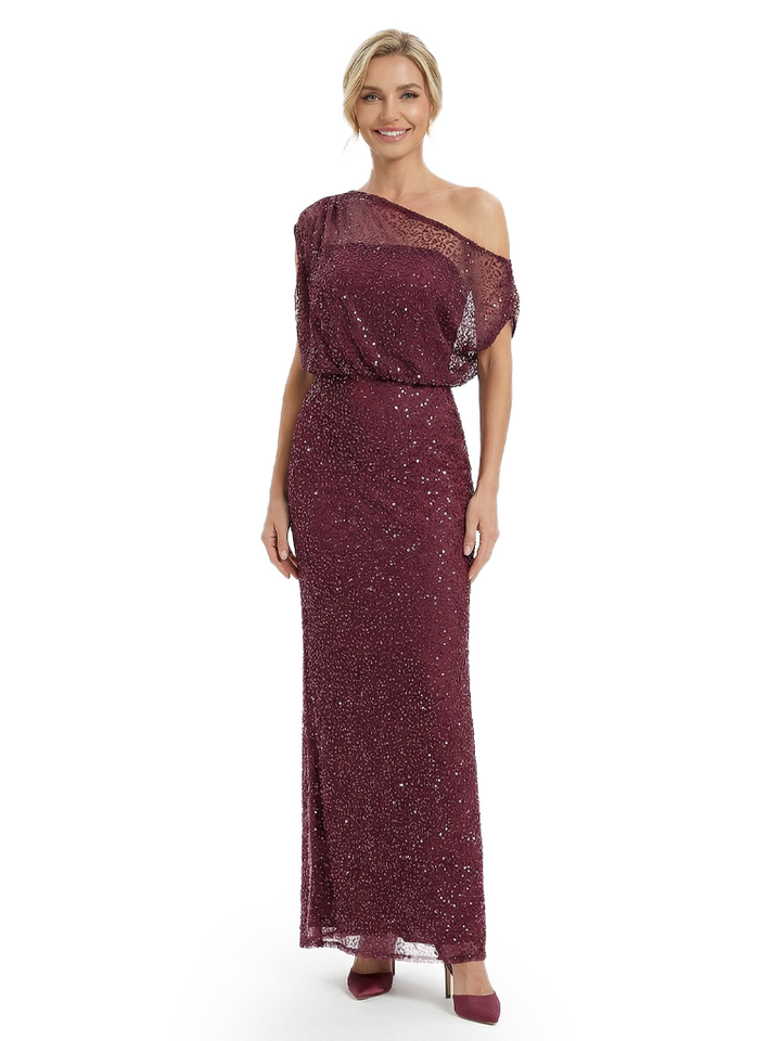 Chicsew Mother of The Bride Dress Modern One Shoulder Short Sleeve Lace Maxi Gown Sparkle Classy Embellishments