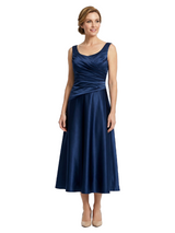 Mother of The Bride Dress Square Ruched Satin Tea-Length A-Line Gown Classic Formal Bride Mother Wear