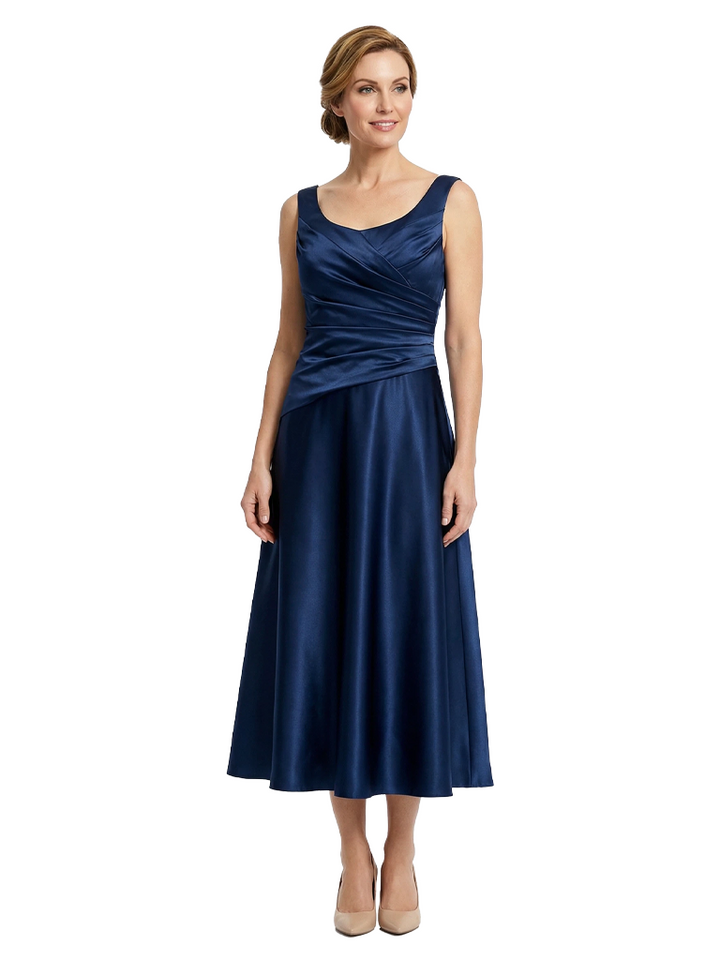 Mother of The Bride Dress Square Ruched Satin Tea-Length A-Line Gown Classic Formal Bride Mother Wear