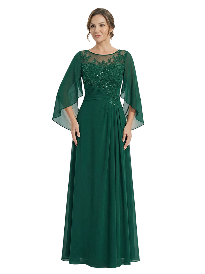 Elegant Cascading Ruffles Cape Lace Chiffon A-Line Mother of The Bride Dresses