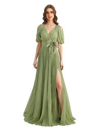 Casual Chiffon V-neck Half Sleeves A-Line Long Mother of The Bride Dresses Side Slit