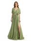 Casual Chiffon V-neck Half Sleeves A-Line Long Mother of The Bride Dresses Side Slit