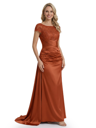 Modern Mother of The Bride Dress Classy Lace Short Sleeve Mermaid Long Satin Ruched Formal Gown