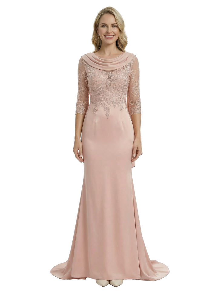 Chicsew Mother of The Bride Dress Satin Cowl 3/4 Sleeve Lace Trumpet Maxi Gown Beautiful Timeless Look