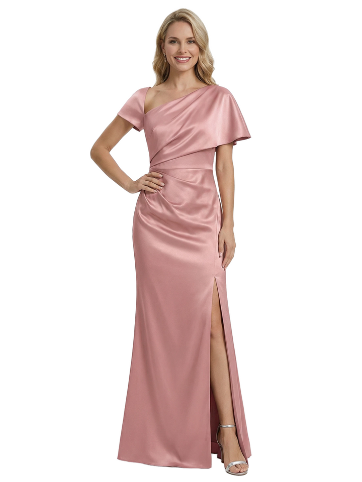 Stylish One Shoulder Asymmetric Short Sleeve Side Slit Mermaid Mother of The Bride Dress Satin Maxi Gown
