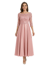 Chicsew Mother of The Groom Dress Off Shoulder 3/4 Sleeve Lace Satin Midi Gown Classy Pleated