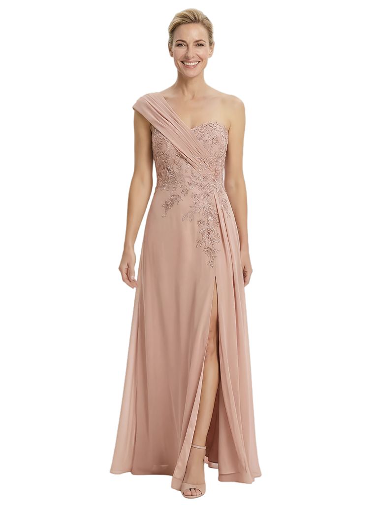 Mother of The Groom Dress One Shoulder Lace Beaded Chiffon Floor-Length Gown with Slit