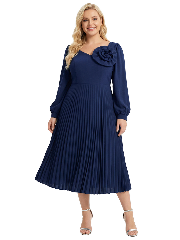 Chicsew Mother of The Bride Dress Beautiful V-Neck Long Sleeve Chiffon Pleated Midi Gown Flower Accent