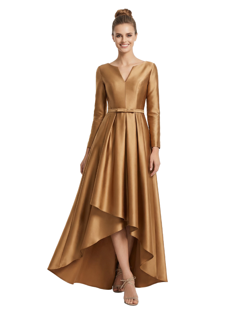 Mother of The Groom Gown V-Neck Long Sleeve Satin High-Low A-Line Dress Unique Elegant Formal Bride Mother Outfit