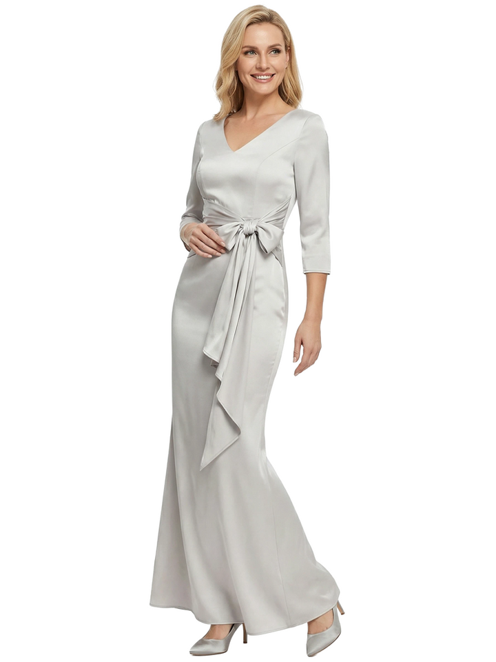Chicsew Mother of The Bride Dress Elegant V-Neck 3/4 Sleeve Satin Trumpet Maxi Gown