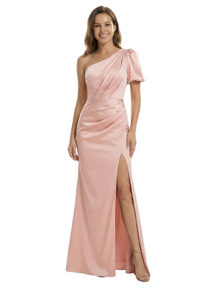 Unique One Shoulder Puff Sleeve Mother of The Groom Dress Satin Fitted Maxi Gown with Slit