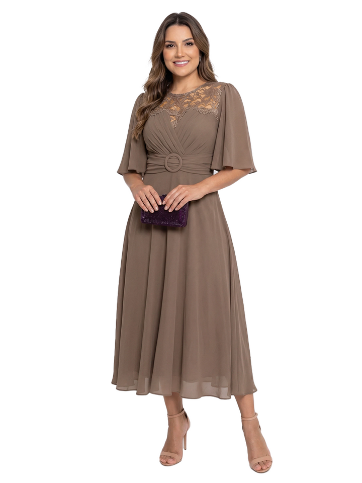 Classy Lace Flutter Sleeve Mother of The Groom Dress Chiffon Tea-Length Gown with Belt