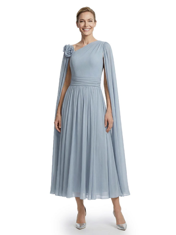 One Shoulder Chiffon Mother Of The Bride Dress Cape Sleeves Maxi Gown Formal Wedding Attire