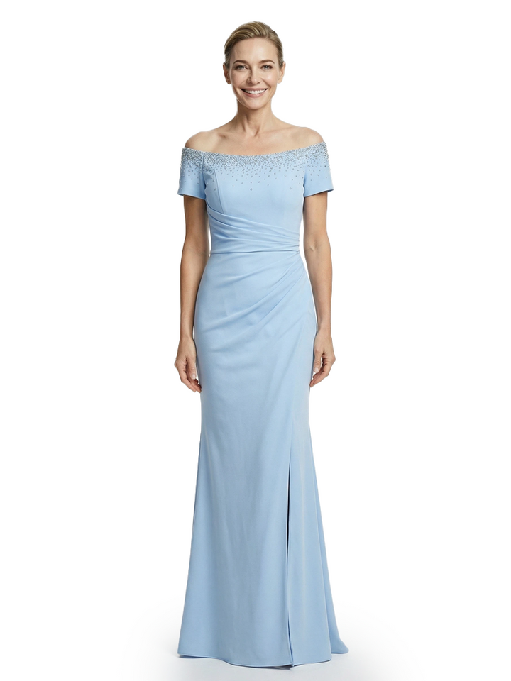 Mother of The Groom Gown Off Shoulder Short Sleeve Fitted Floor-Length Beaded Trim Classy Modern Formal Evening Dress