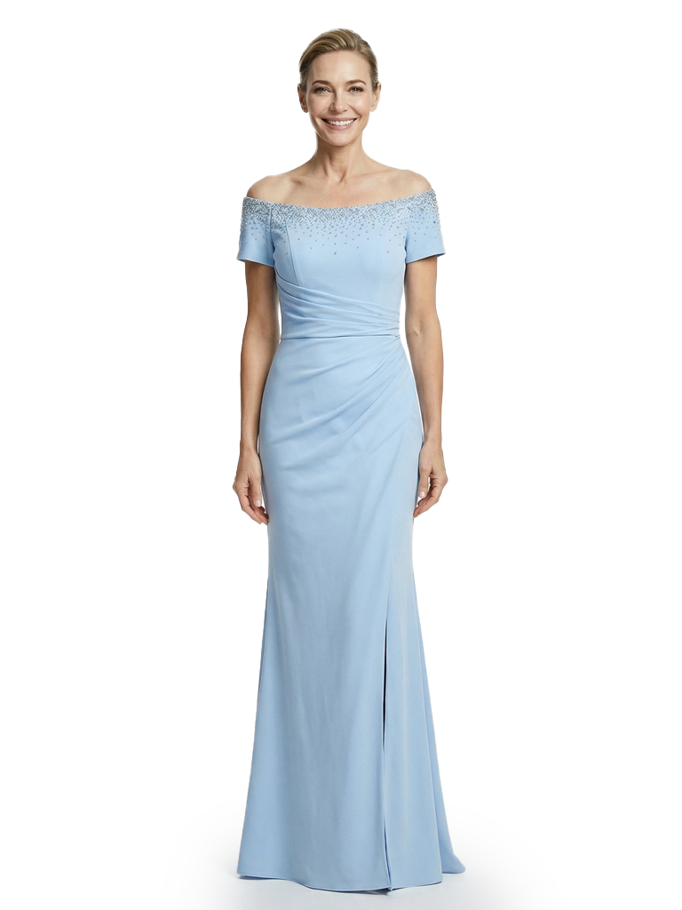 Mother of The Groom Gown Off Shoulder Short Sleeve Fitted Floor-Length Beaded Trim Classy Modern Formal Evening Dress