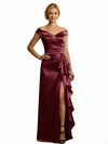 Chicsew Chic V-Neck Off Shoulder Sleeveless Satin Mother of The Groom Dress With Ruffles Side Slit