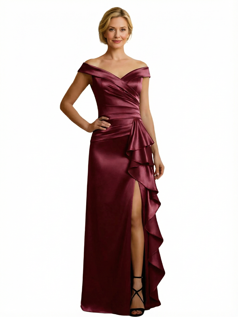 Chicsew Chic V-Neck Off Shoulder Sleeveless Satin Mother of The Groom Dress With Ruffles Side Slit