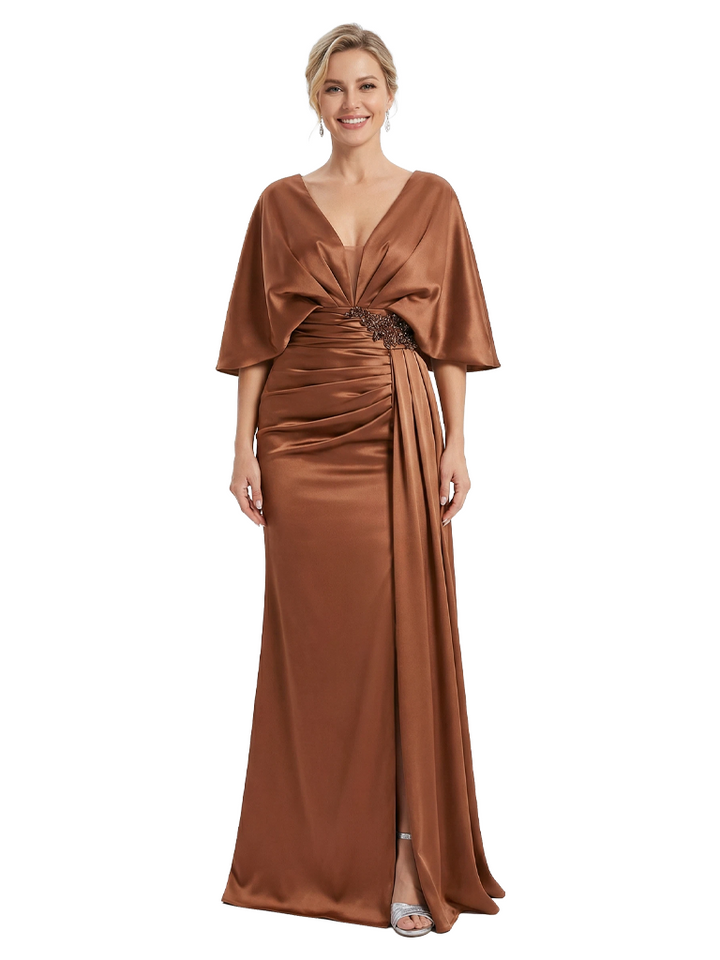 Mother of The Bride Dress V-Neck Cape Sleeve Satin Ruched Mermaid Floor-Length Gown Wedding Guest Formal Wear