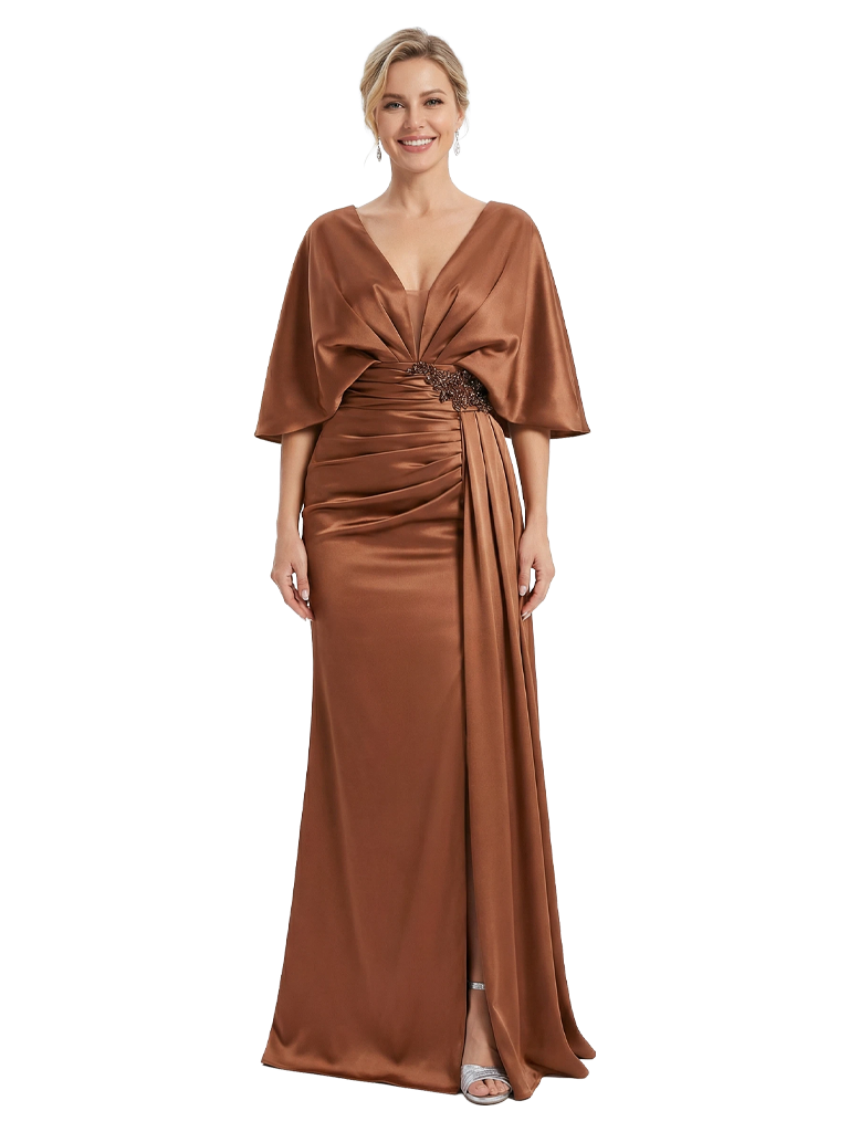Mother of The Bride Dress V-Neck Cape Sleeve Satin Ruched Mermaid Floor-Length Gown Wedding Guest Formal Wear