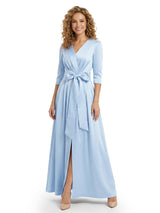 Mother of The Bride Dress V-Neck Half Sleeve Satin Floor-Length Gown with Bow Stylish Classy Wedding Guest Dress