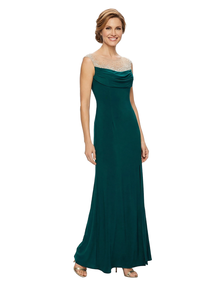 Chicsew Fancy Jersey Mother of The Groom Dress Sleeveless Beaded Illusion Trumpet Maxi Gown Sophisticated Style