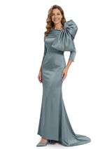 Chicsew Mother of The Bride Dresses Asymmetrical 3/4 Sleeve Satin Mermaid Train Gown Unique Bow Detailed Formal Wedding Event Attire