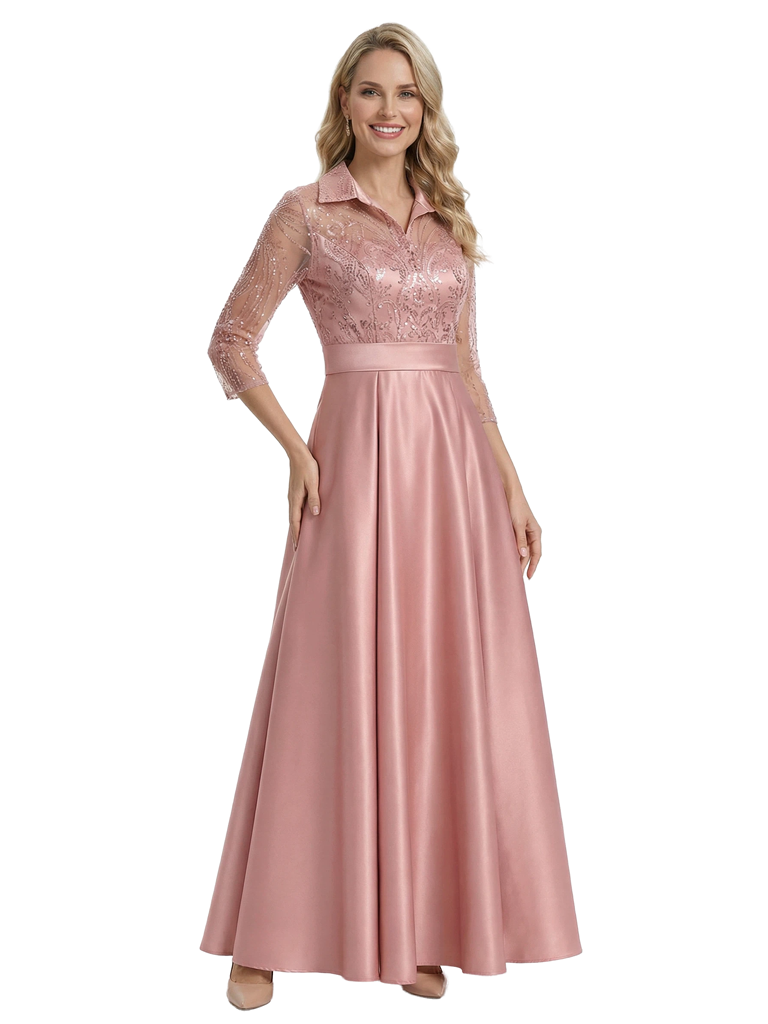 Chic 3/4 Sleeves Mother Of The Bride Dress Maxi A-Line Satin Gown with Lace