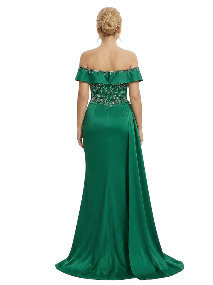 ChicSew Elegant Beaded Off the Shoulder Satin Corset Evening Gown with Waist Drape