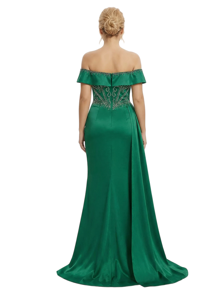 ChicSew Elegant Beaded Off the Shoulder Satin Corset Evening Gown with Waist Drape