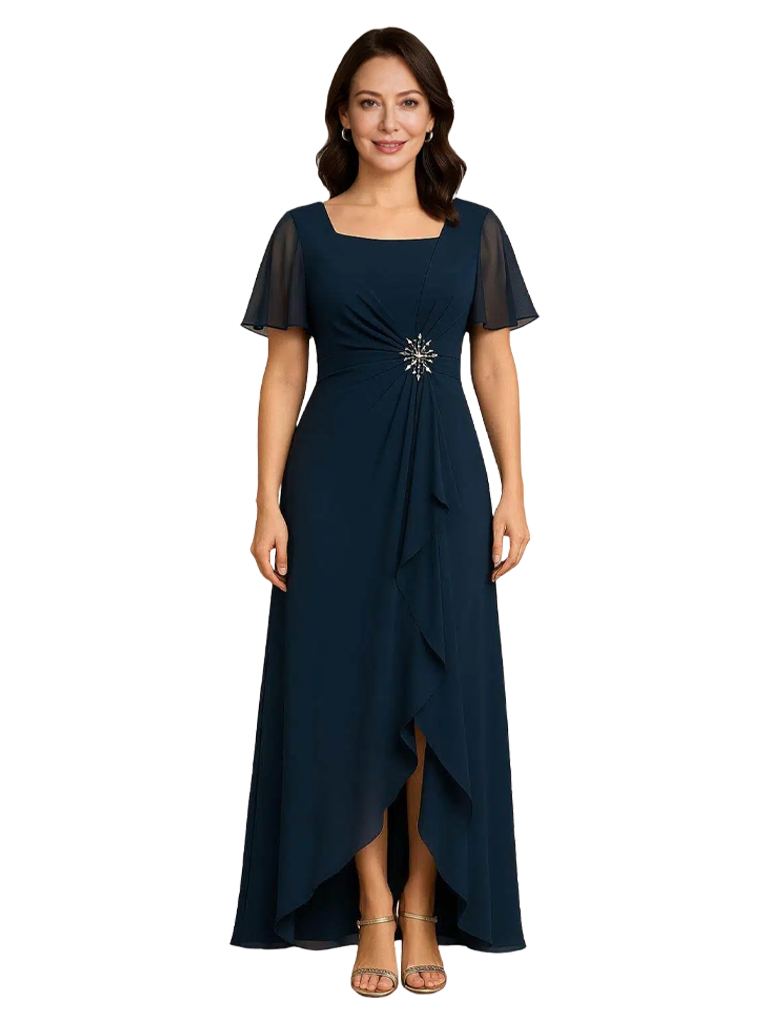 Elegant Flutter Sleeves Square Neck Chiffon Maxi Mother of The Bride Dresses