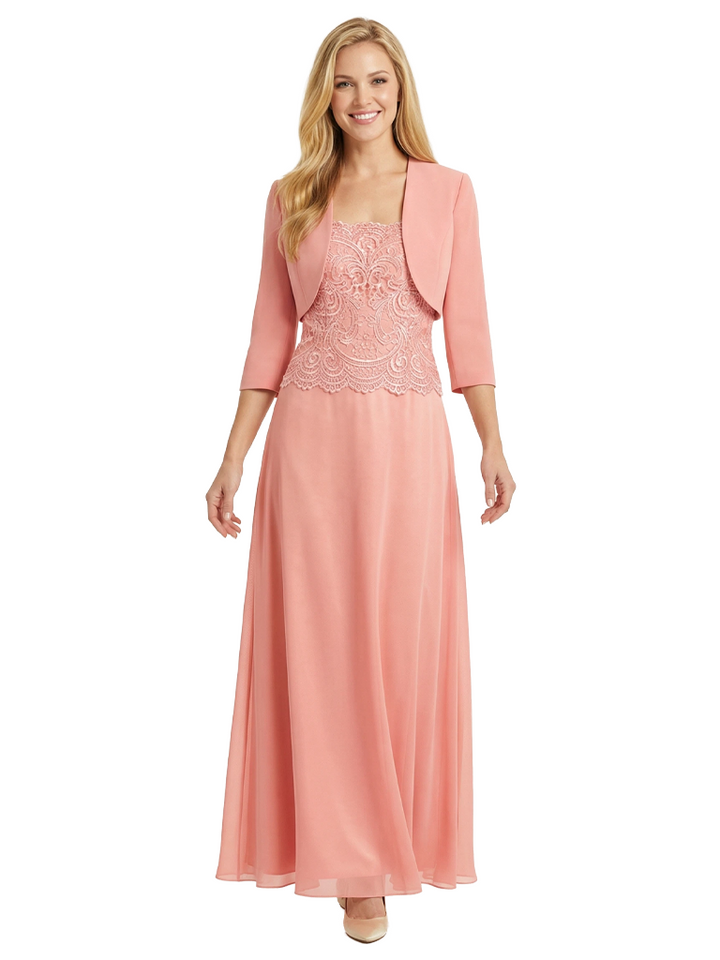 Mother of The Bride Outfit Square Neck Half Sleeve Lace Chiffon Maxi Dress with Jacket