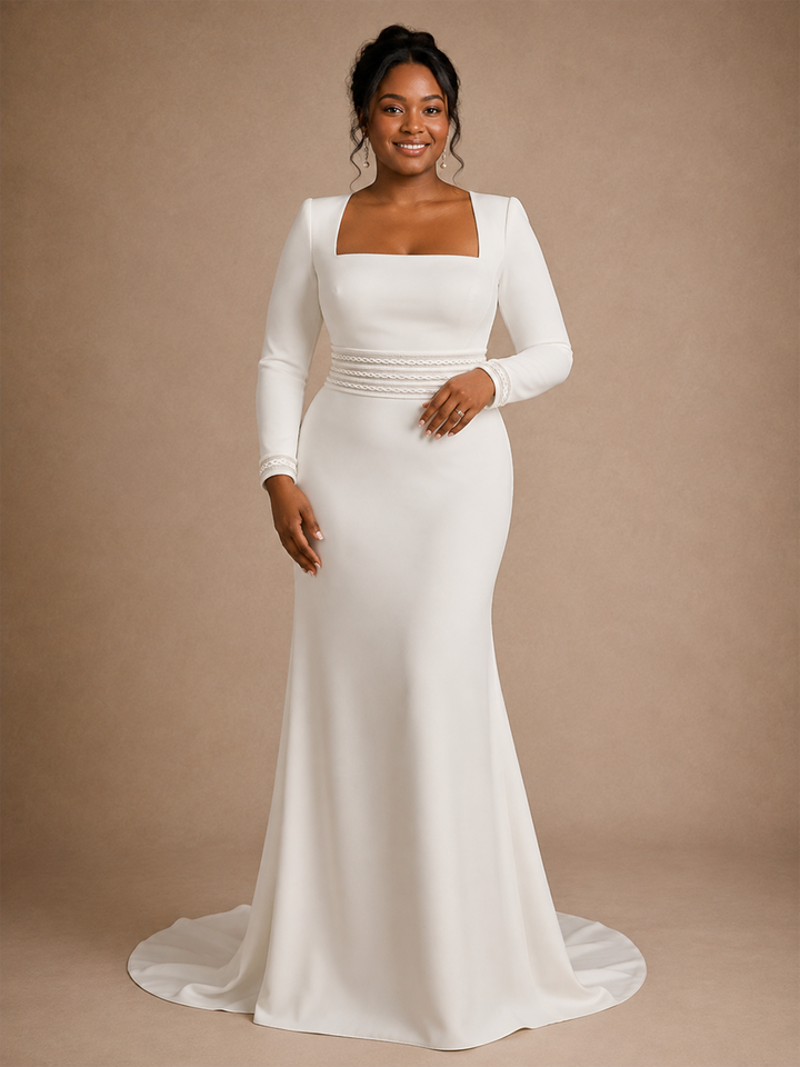 ChicSew Modern Square Neck Long Sleeves Mermaid Crepe Floor-Length Wedding Dress