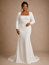 ChicSew Modern Square Neck Long Sleeves Mermaid Crepe Floor-Length Wedding Dress