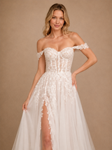 ChicSew Fancy Off The Shoulder Boning Side Slit Lace Tulle Maxi A-Line Wedding Dress
