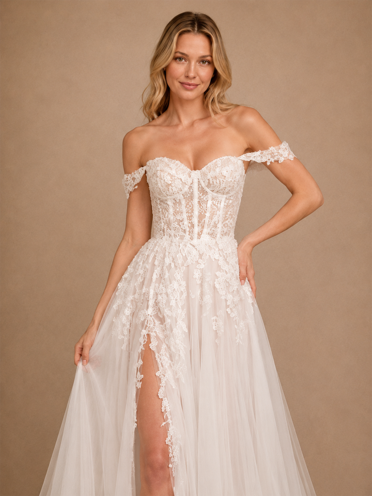 ChicSew Fancy Off The Shoulder Boning Side Slit Lace Tulle Maxi A-Line Wedding Dress