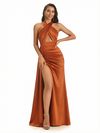 Sexy Halter Silky Satin Side Slit Mermaid Ruched Long Formal Evening Dresses