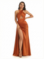 Sexy Halter Silky Satin Side Slit Mermaid Ruched Long Formal Evening Dresses