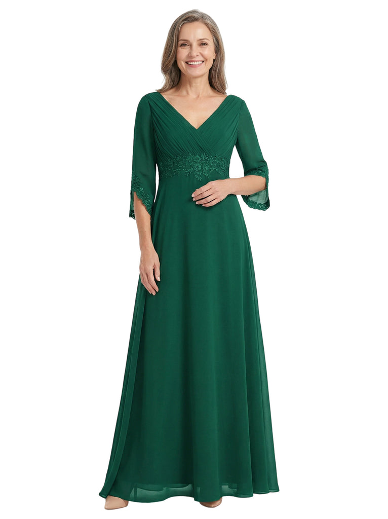 ChicSew V-Neck 3/4 Sleeve Lace Applique Ruched Bodice Floor Length Chiffon Elegant Mother of the Bride Dresses