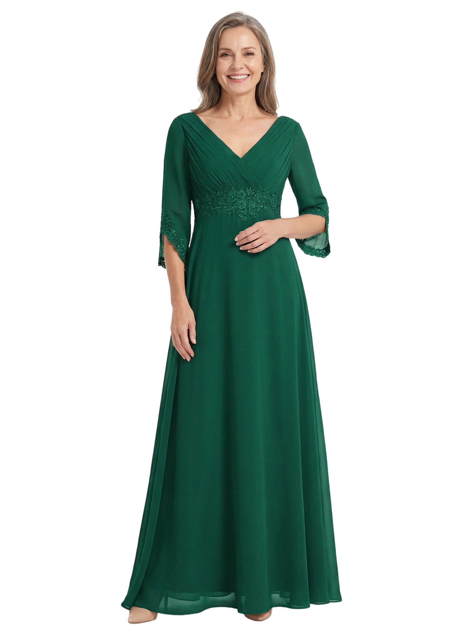 ChicSew V-Neck 3/4 Sleeve Lace Applique Ruched Bodice Floor Length Chiffon Elegant Mother of the Bride Dresses