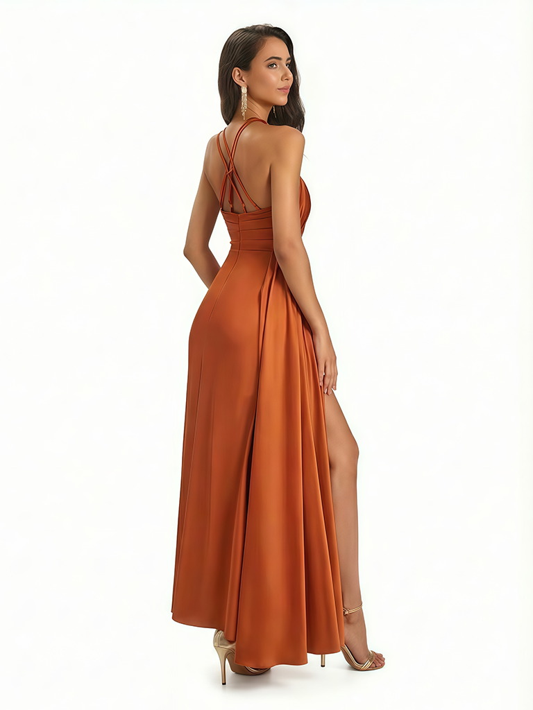 Sexy Halter Silky Satin Side Slit Mermaid Ruched Long Formal Evening Dresses