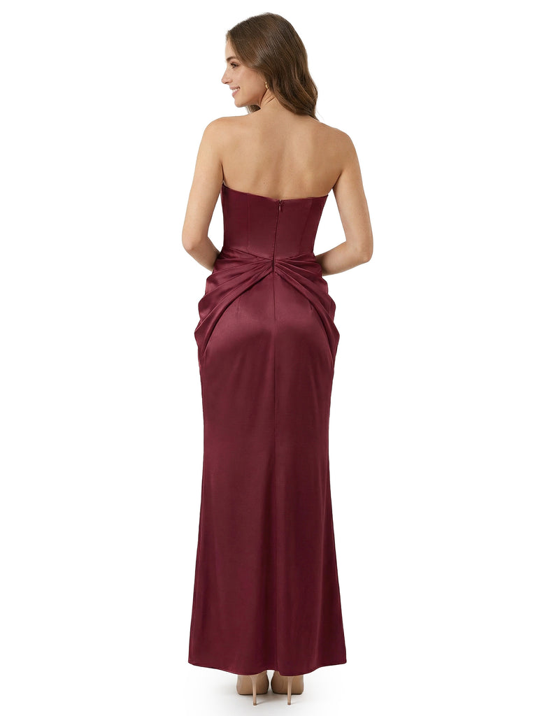 Chicsew Sexy Sleeveless Strapless Mermaid Satin Unique Long Bridesmaid Dresses