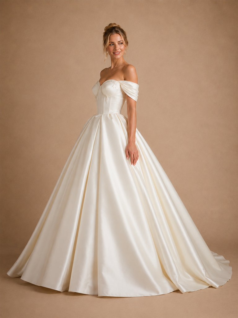ChicSew Classic Off Shoulder Sleeveless Satin A-Line Floor-Length Wedding Dresses With Beading
