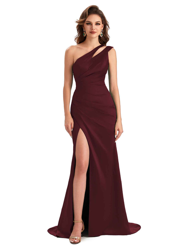 Sexy Soft Satin Side Slit Mermaid One Shoulder Pleats Long Bridesmaid ...