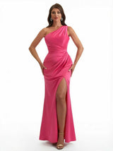 Sexy One Shoulder Sleeveless Ruched Mermaid Soft Satin Long Evening Dresses Side Slit
