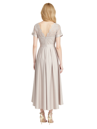 Elegant Short Sleeves V-Neck Lace Satin High Low Midi Mother of the Brides Dresses
