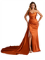Sexy V-Neck Side Slit Strapless Mermaid Soft Satin Floor-Length Bridesmaid Dresses