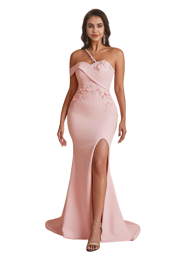 Elegant One Shoulder Mermaid Handmade Flower Satin Long Bridesmaid Dresses Side Split