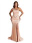 Sexy One Shoulder Mermaid Silky Satin Beaded Long Bridesmaid Dresses Side Slit