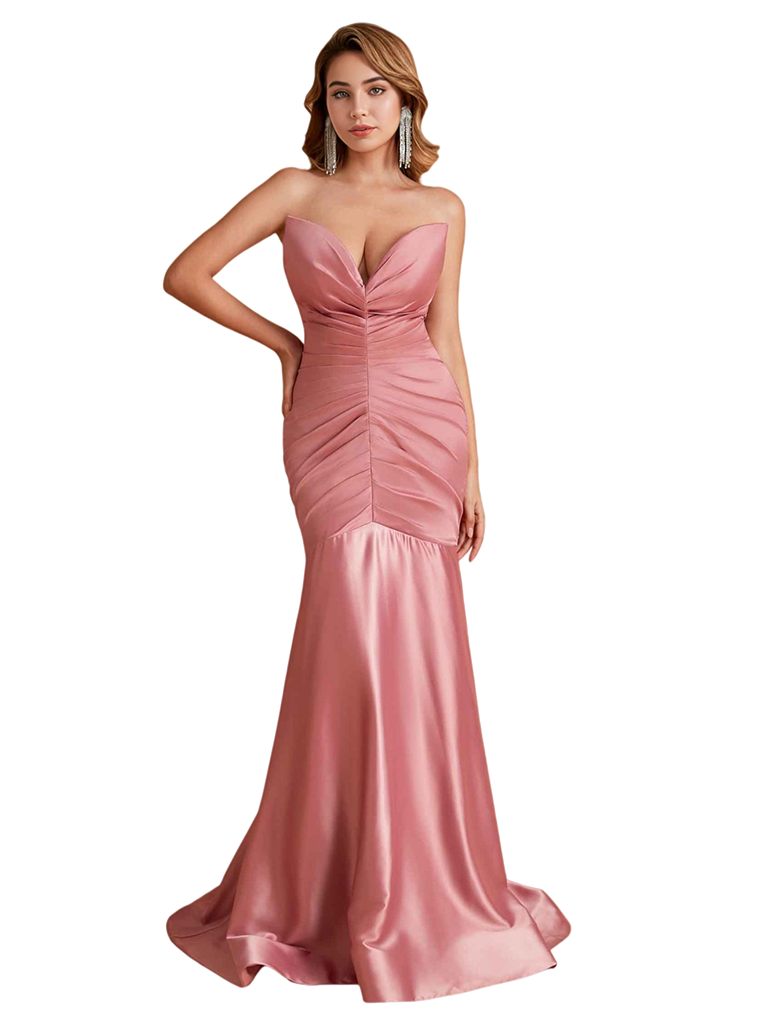 Sexy Silky Satin Sweetheart Mermaid Side Slit Ruched Long Bridesmaid Dresses