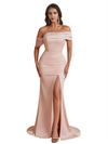 Sexy Asymmetric Off The Shoulder Long Satin Unique Formal Bridesmaid dresses Online